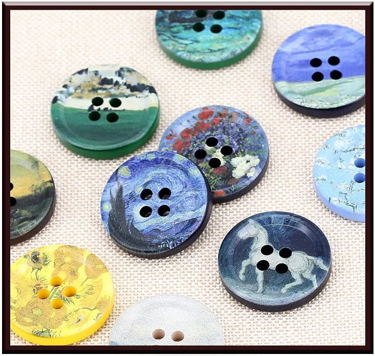 18-34mm Round Art Oil Painting Resin Buttons 60 Pack(12 Styles)