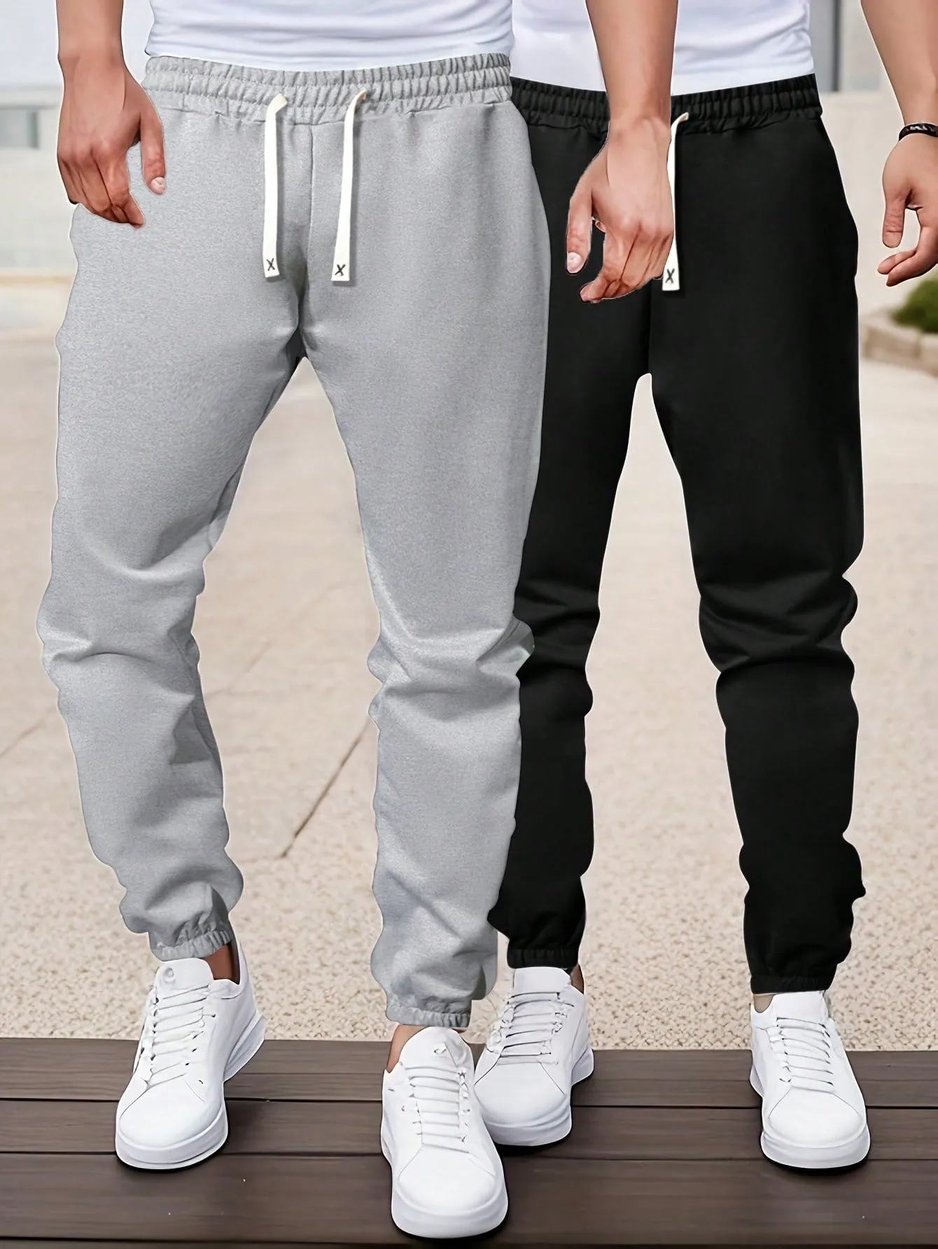 2pcs QA Mens' Solid Color Comfy Breathable Waist Drawstring Jogger Sweatpants With Elastic Cuffs