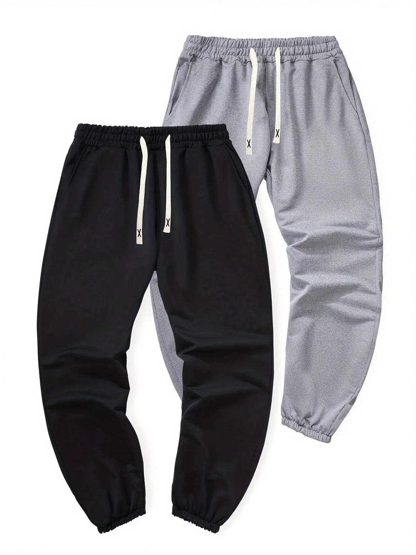 2pcs QA Mens' Solid Color Comfy Breathable Waist Drawstring Jogger Sweatpants With Elastic Cuffs