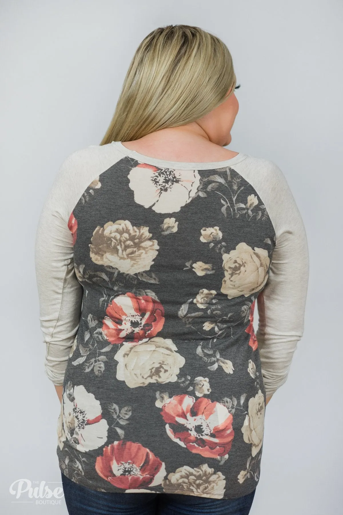 Ahead of the Game Floral Baseball Top- Charcoal