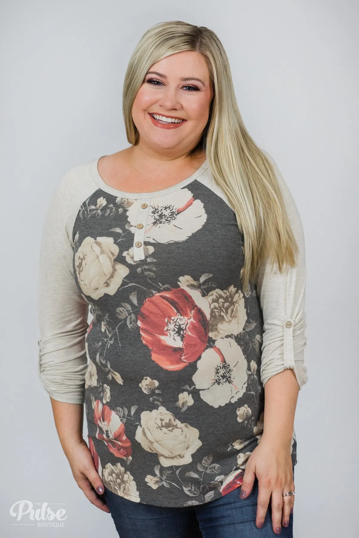 Ahead of the Game Floral Baseball Top- Charcoal