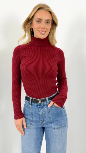 ALLY TURTLE NECK KNIT TOP - MERLOT