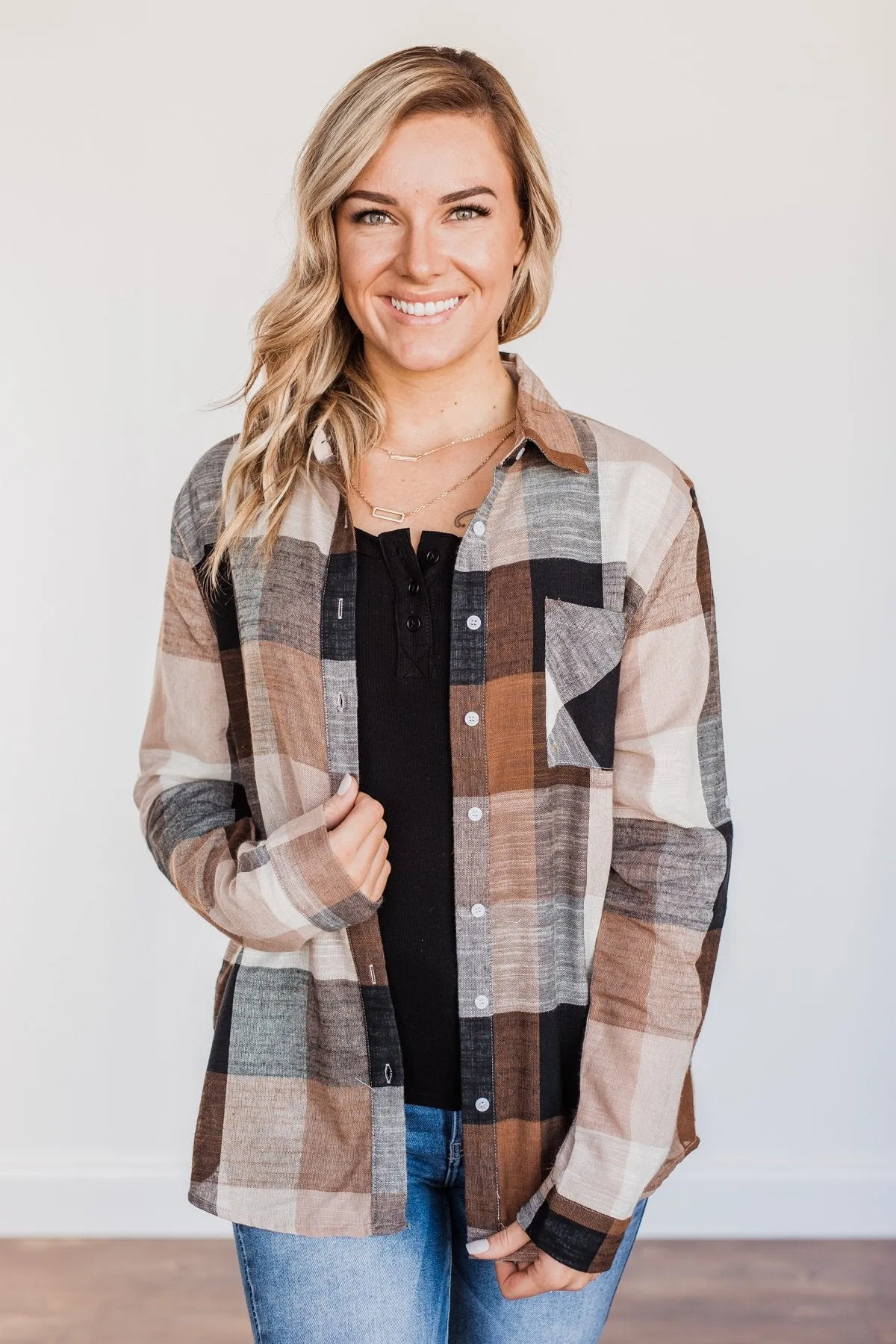 American Beauty Button Plaid Top- Brown & Taupe