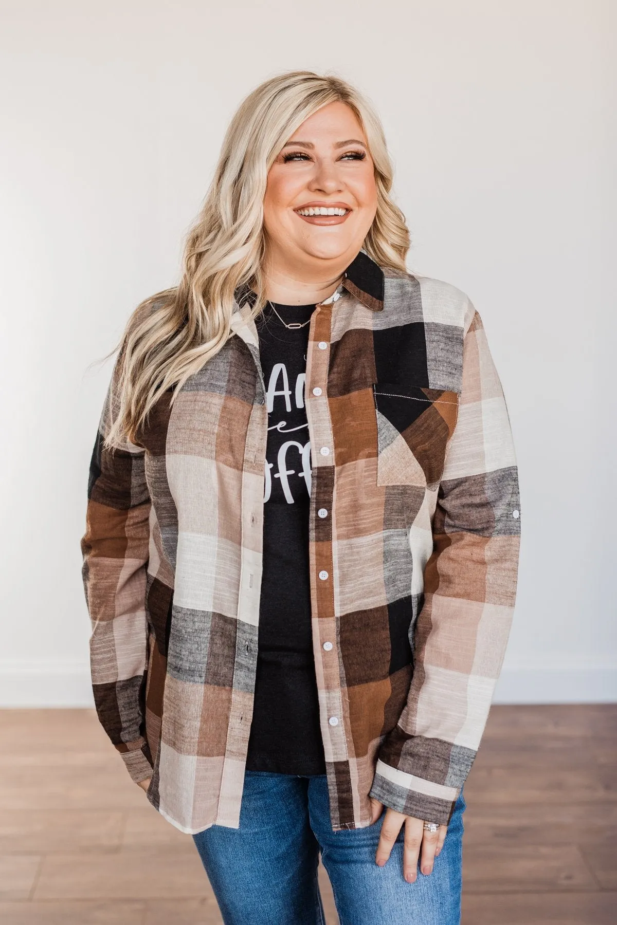 American Beauty Button Plaid Top- Brown & Taupe