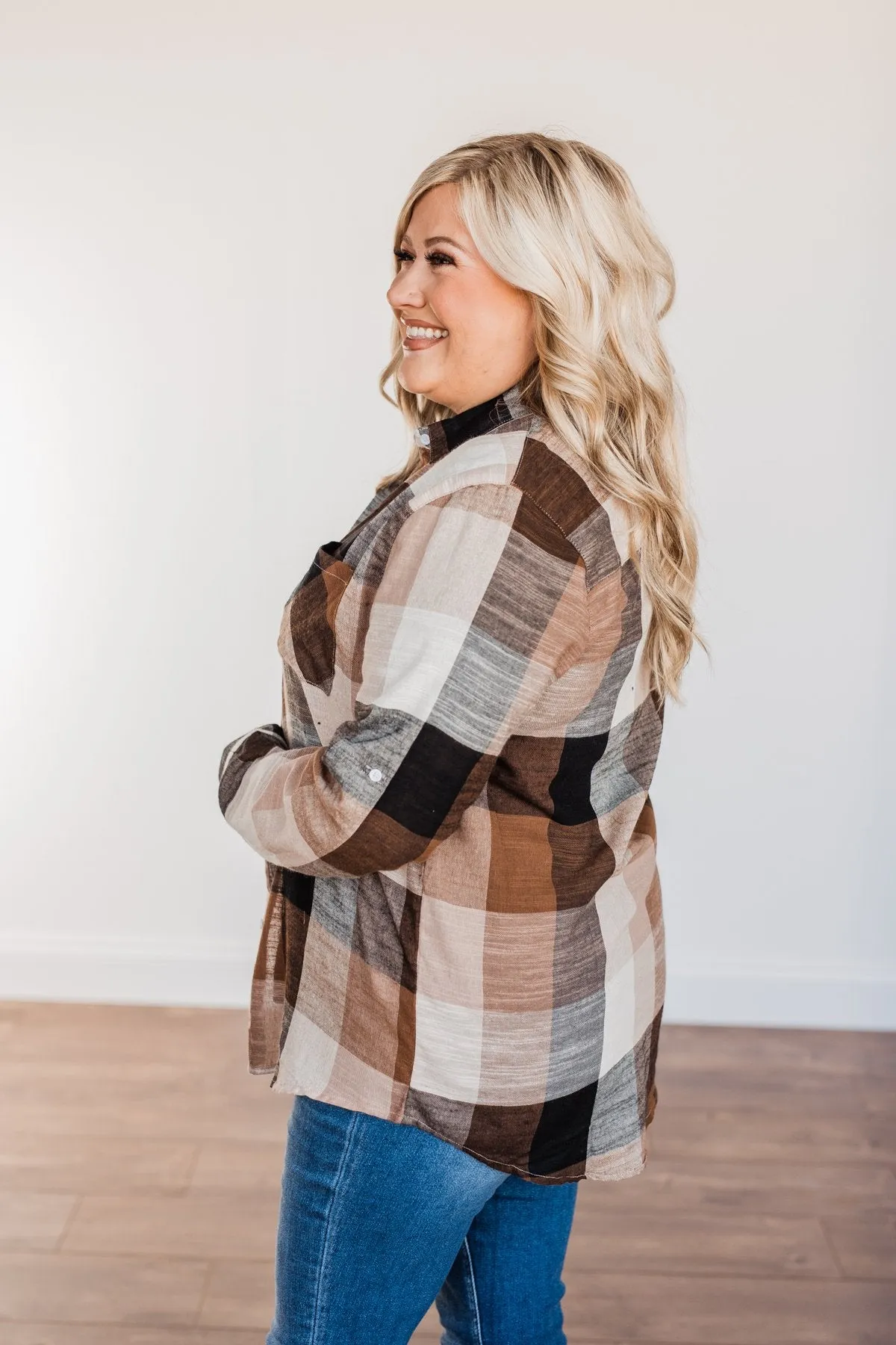 American Beauty Button Plaid Top- Brown & Taupe