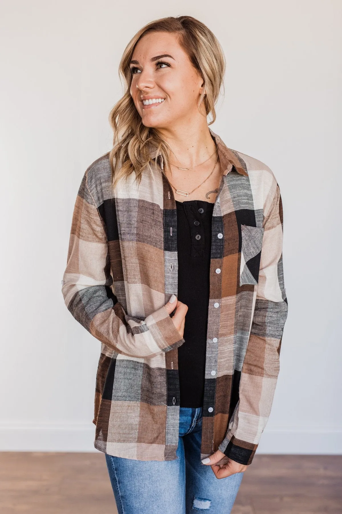 American Beauty Button Plaid Top- Brown & Taupe