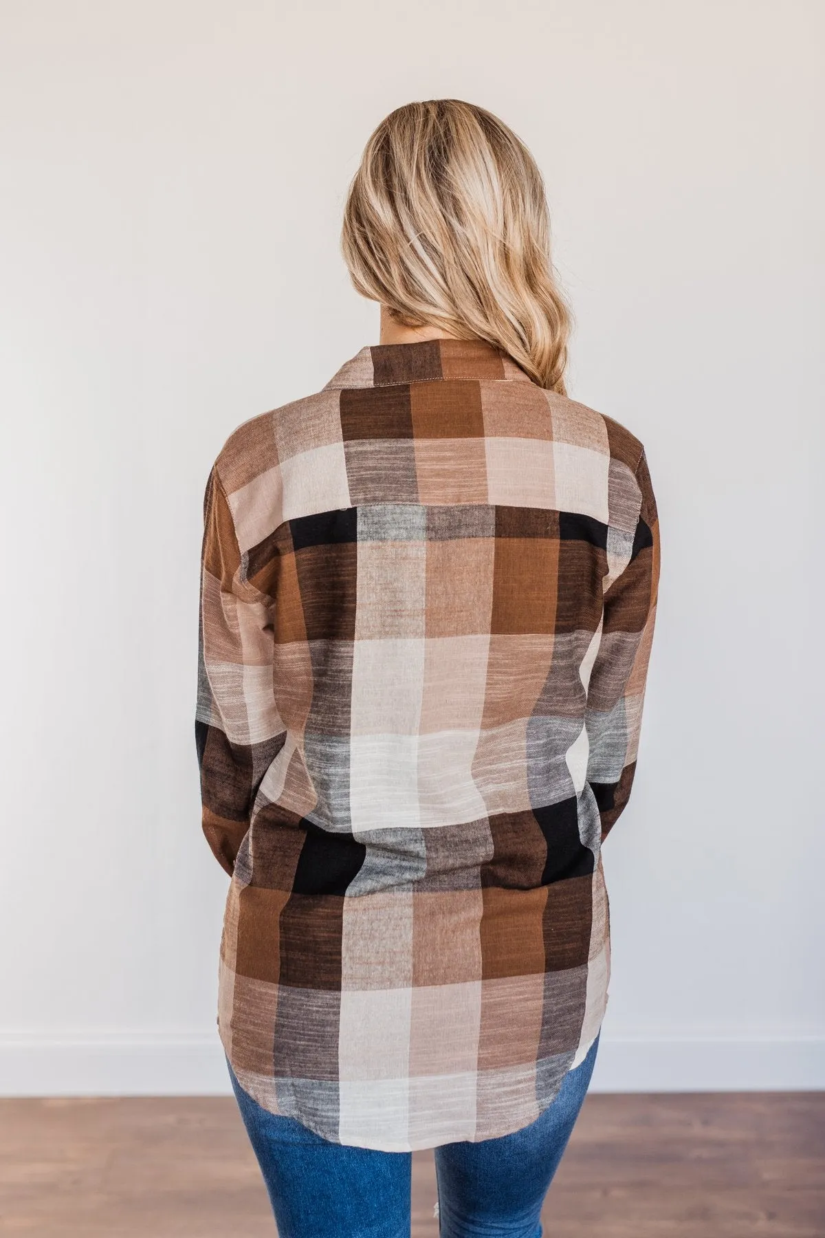 American Beauty Button Plaid Top- Brown & Taupe