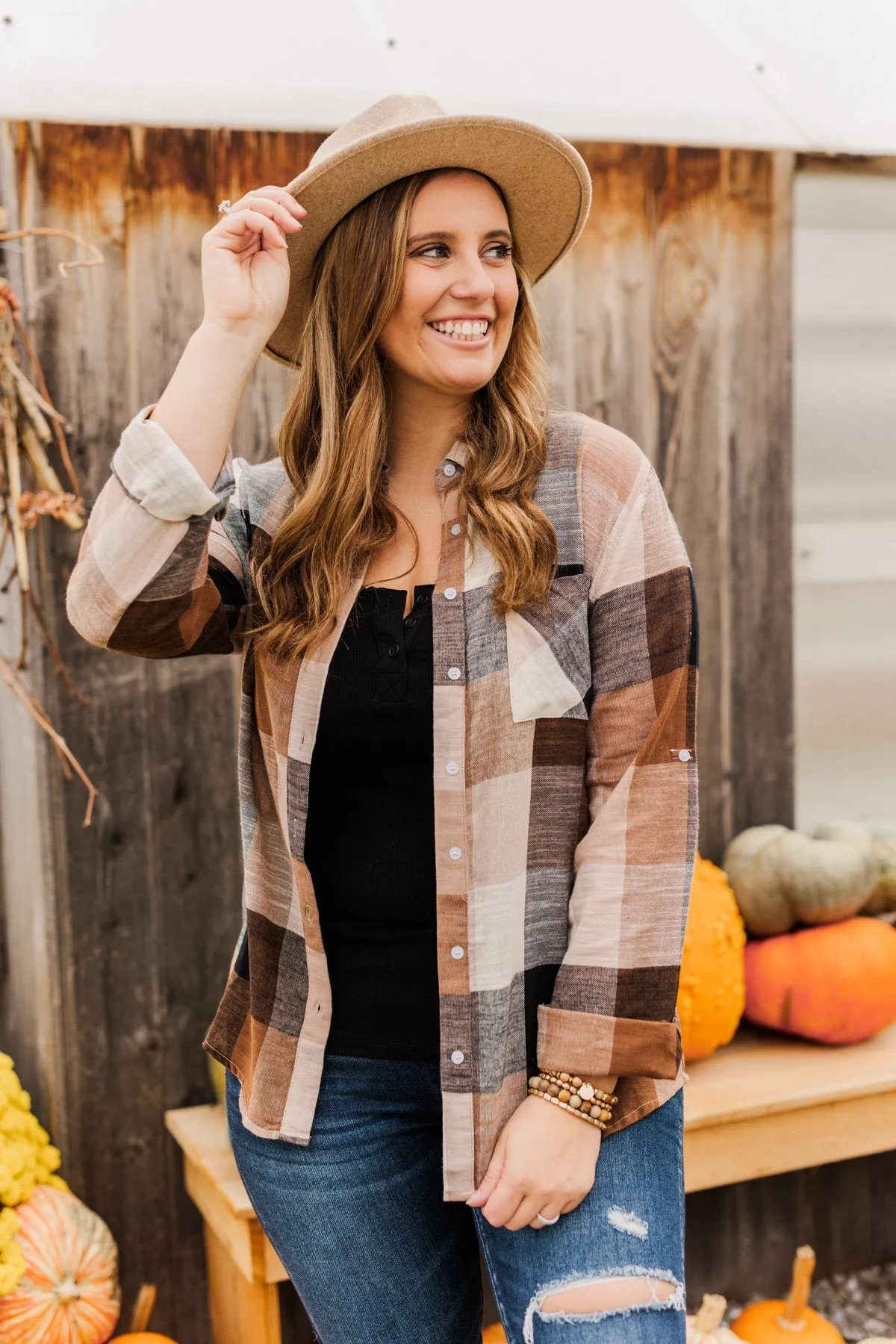 American Beauty Button Plaid Top- Brown & Taupe
