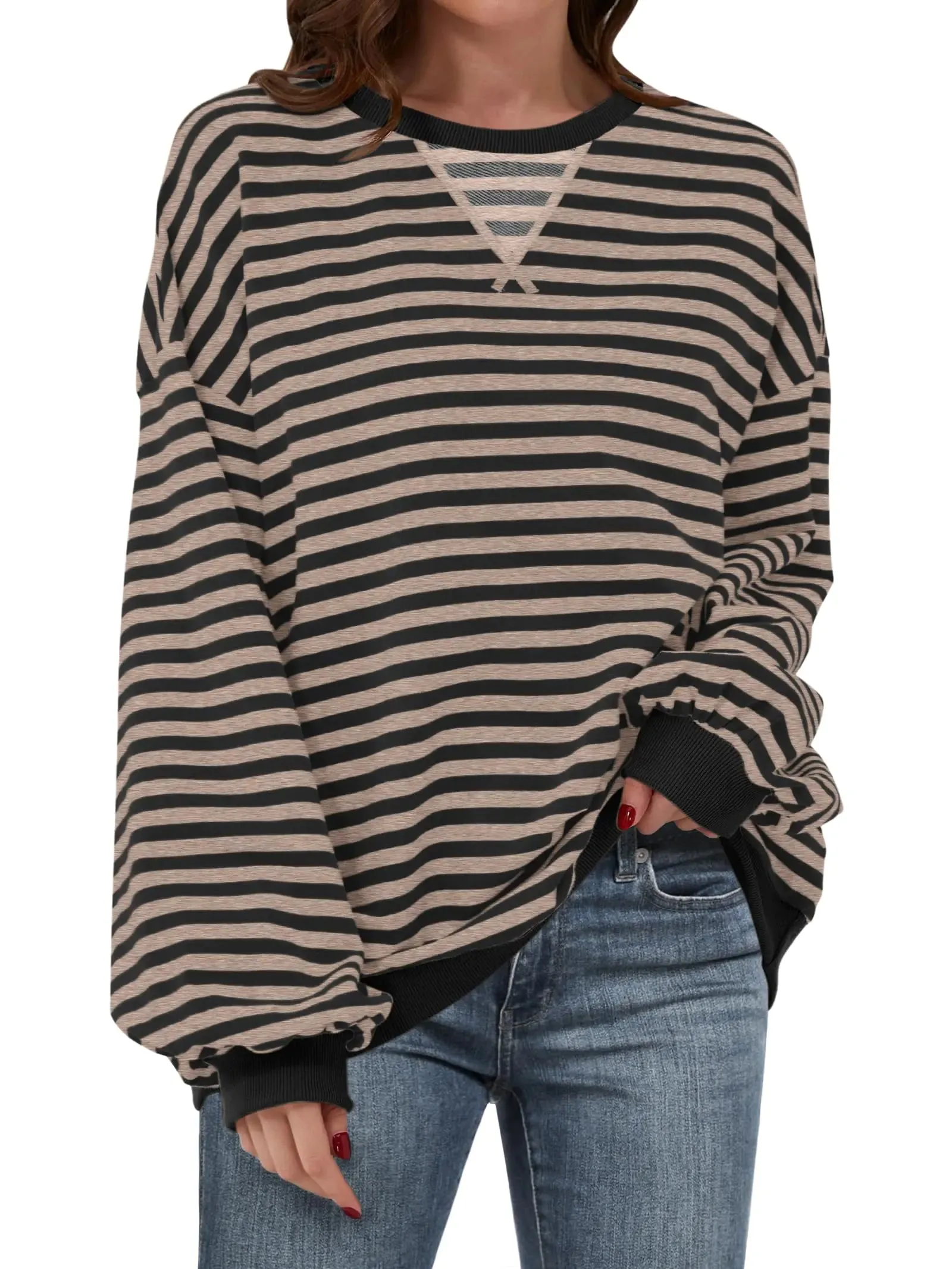ANRABESS Women Striped Oversized Sweatshirt Long Sleeve Crewneck Hoodies Shirts 2024 Fall Pullover Top Trendy Preppy Clothes Light Yellow Green XX-Large