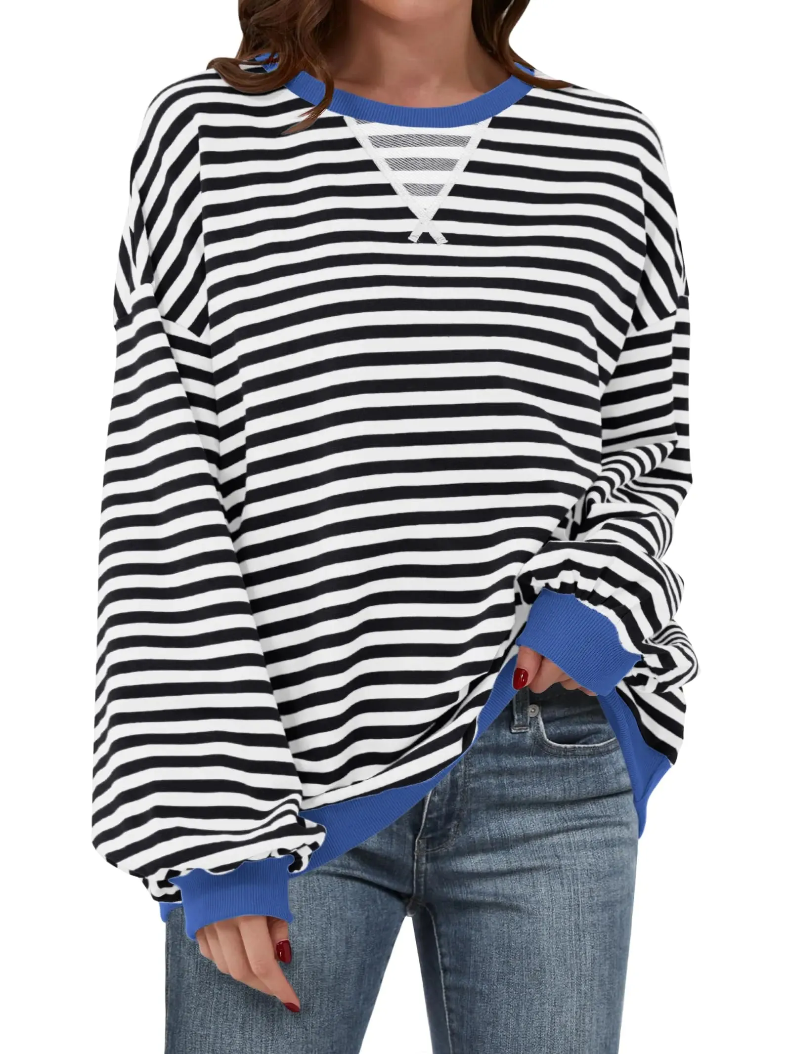 ANRABESS Women Striped Oversized Sweatshirt Long Sleeve Crewneck Hoodies Shirts 2024 Fall Pullover Top Trendy Preppy Clothes Light Yellow Green XX-Large