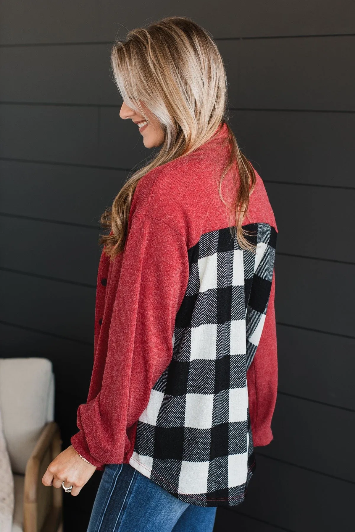 Anything But Average Button Top- Red & White Buffalo Plaid