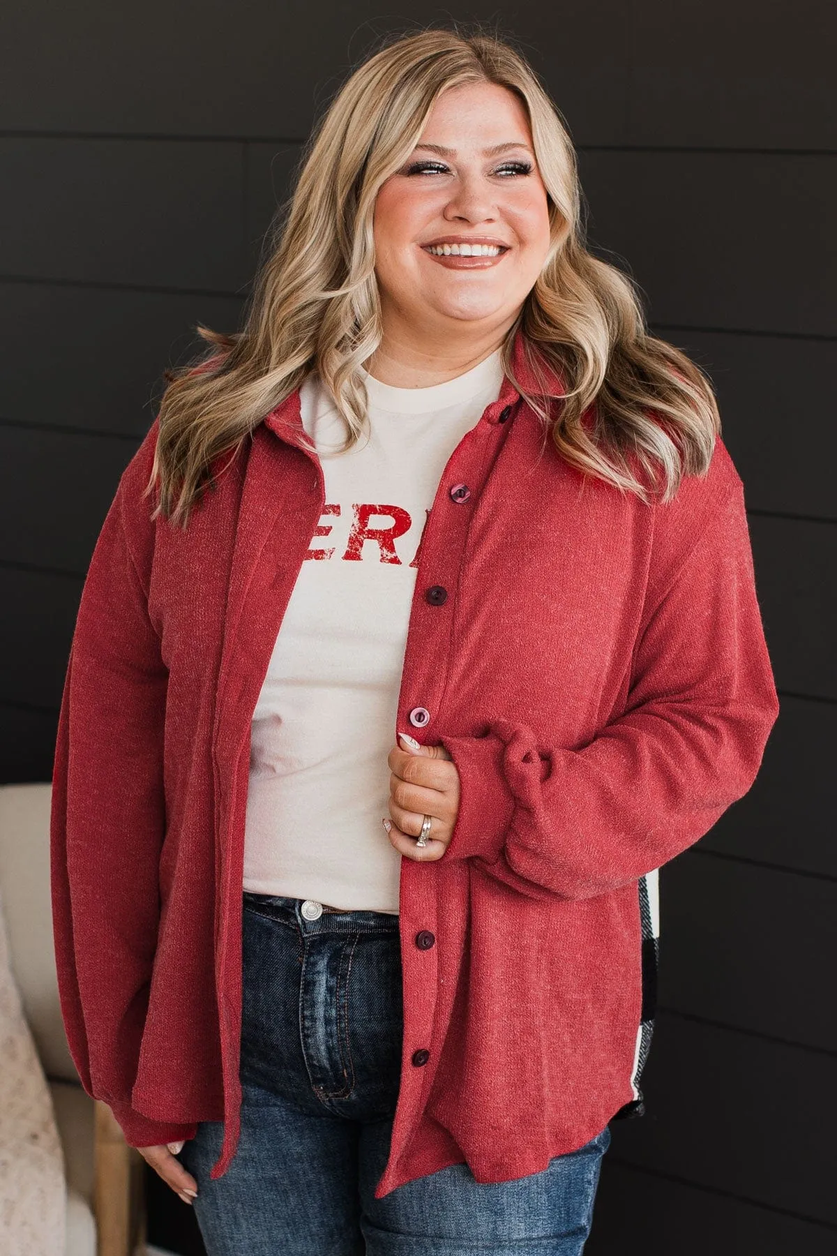 Anything But Average Button Top- Red & White Buffalo Plaid