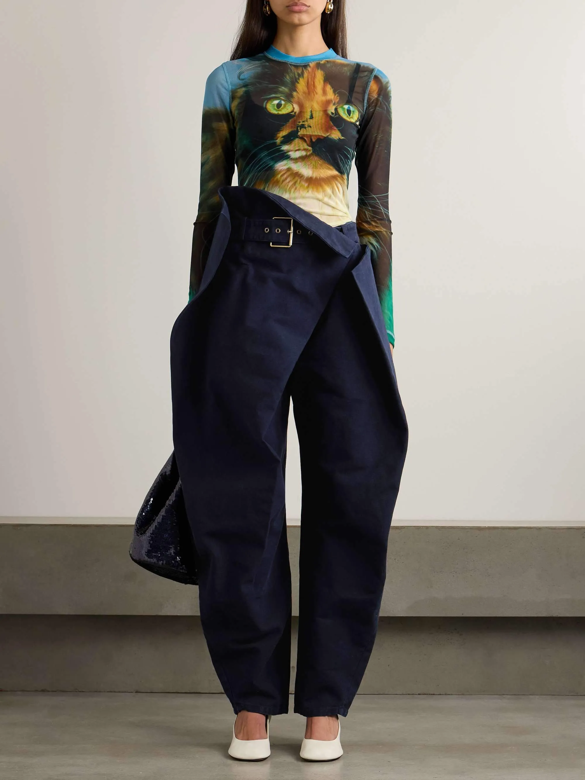 Asymmetrical layered belted organic cotton twill tapered pants