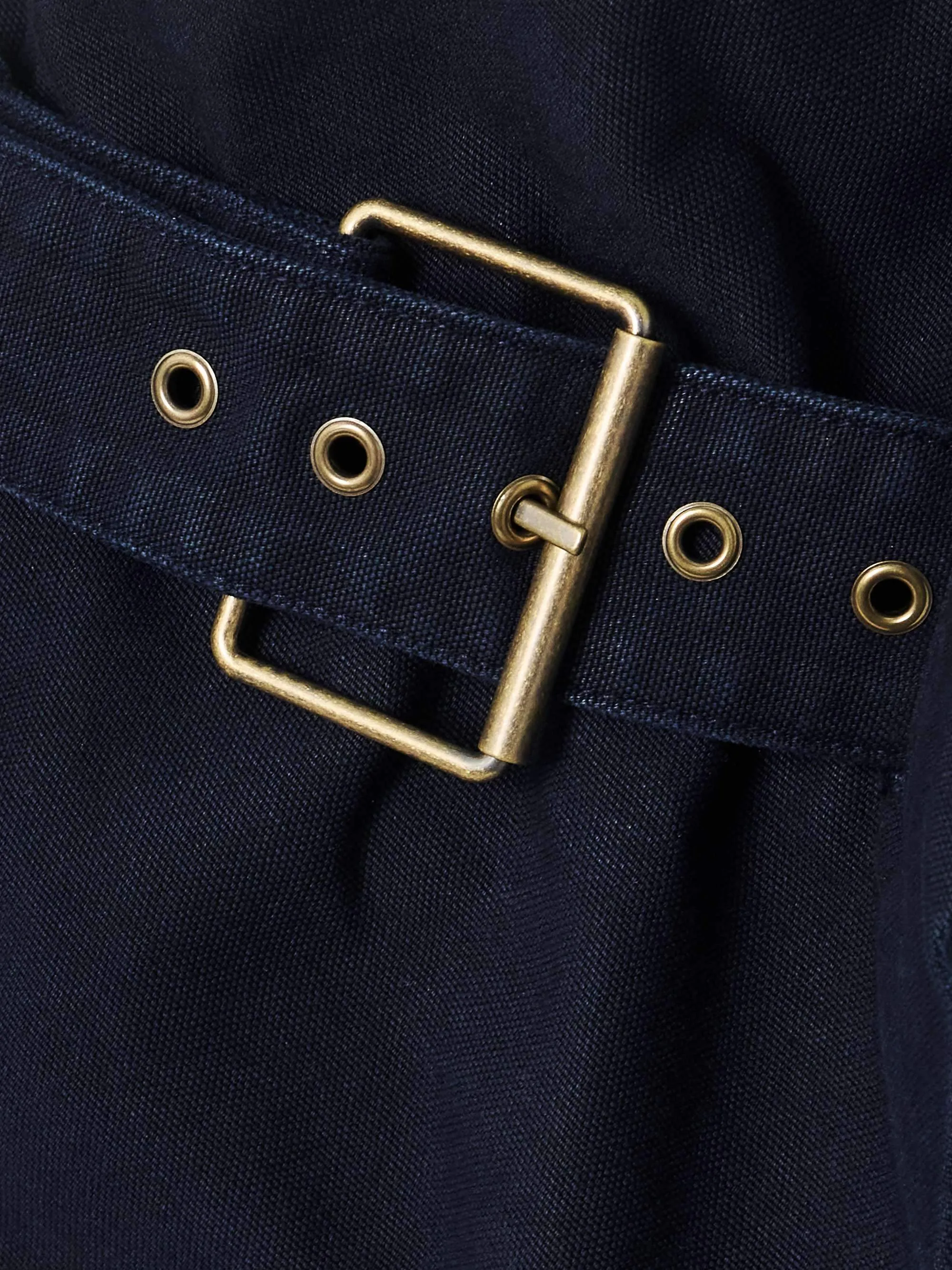 Asymmetrical layered belted organic cotton twill tapered pants