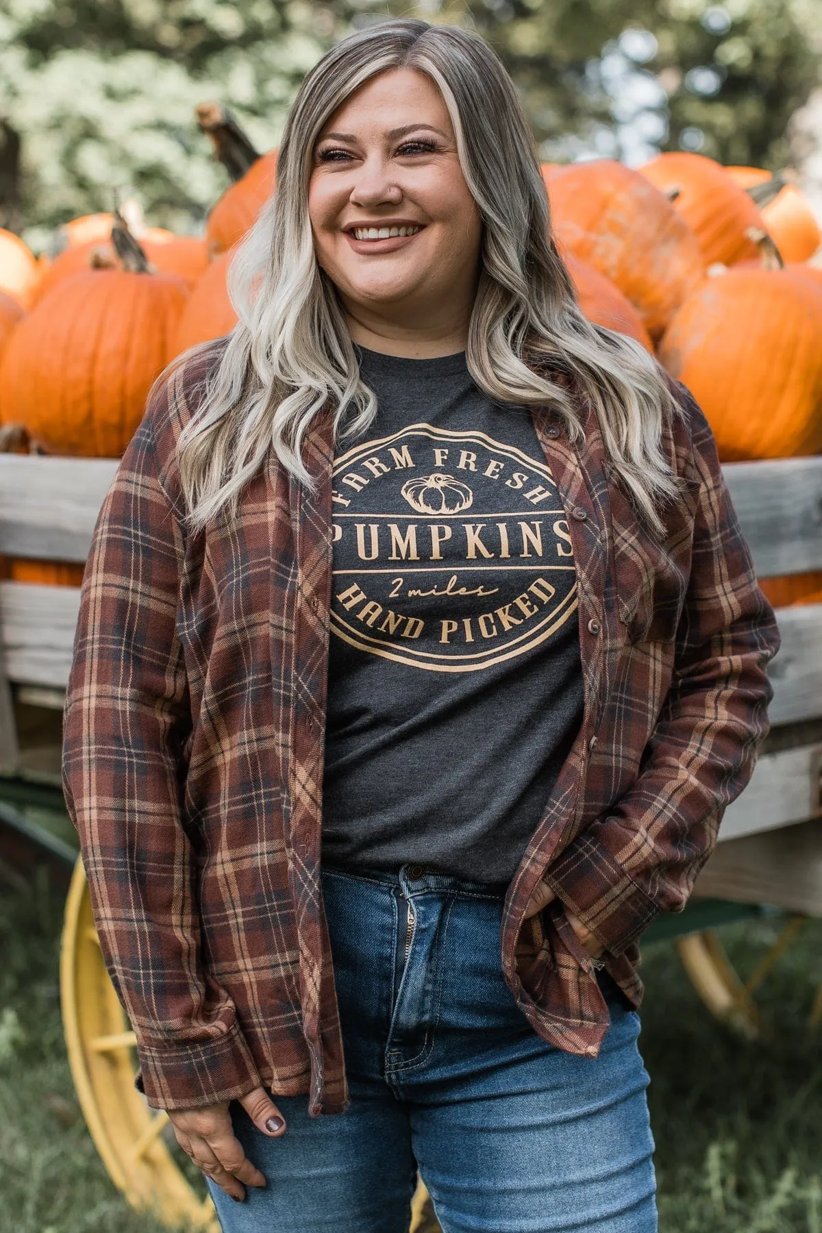 Autumn Nights Plaid Button Top- Brown
