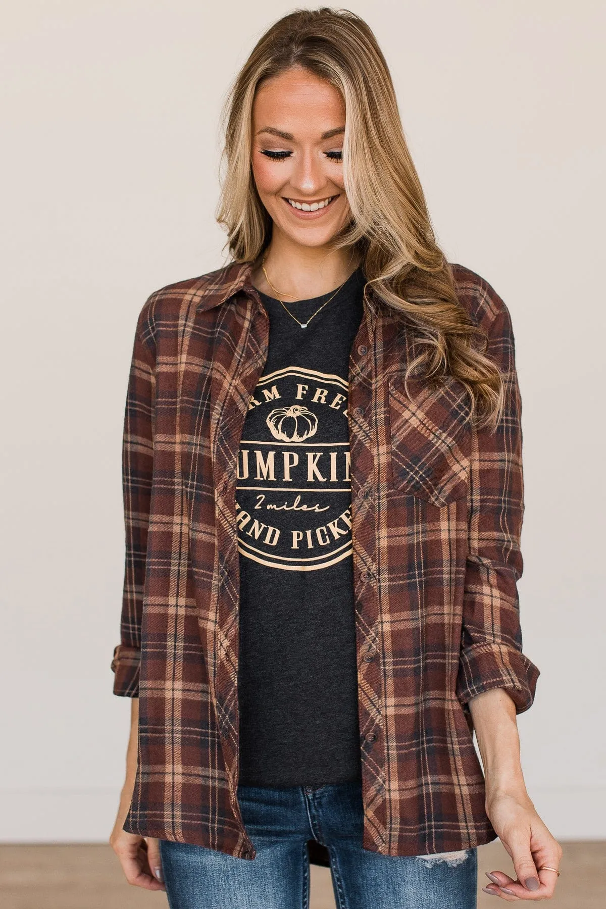 Autumn Nights Plaid Button Top- Brown