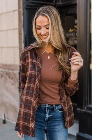 Autumn Nights Plaid Button Top- Brown