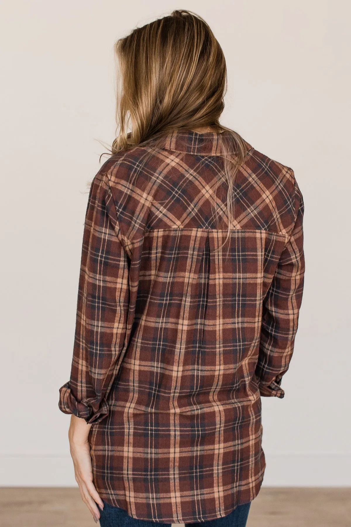 Autumn Nights Plaid Button Top- Brown