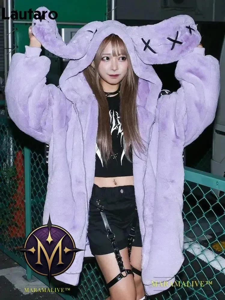 Autumn Oversized Sweet Cute Soft Purple Black Faux Fur Coat Women with Bunny Ears Loose Fluffy Jacket Hoodie 2023
