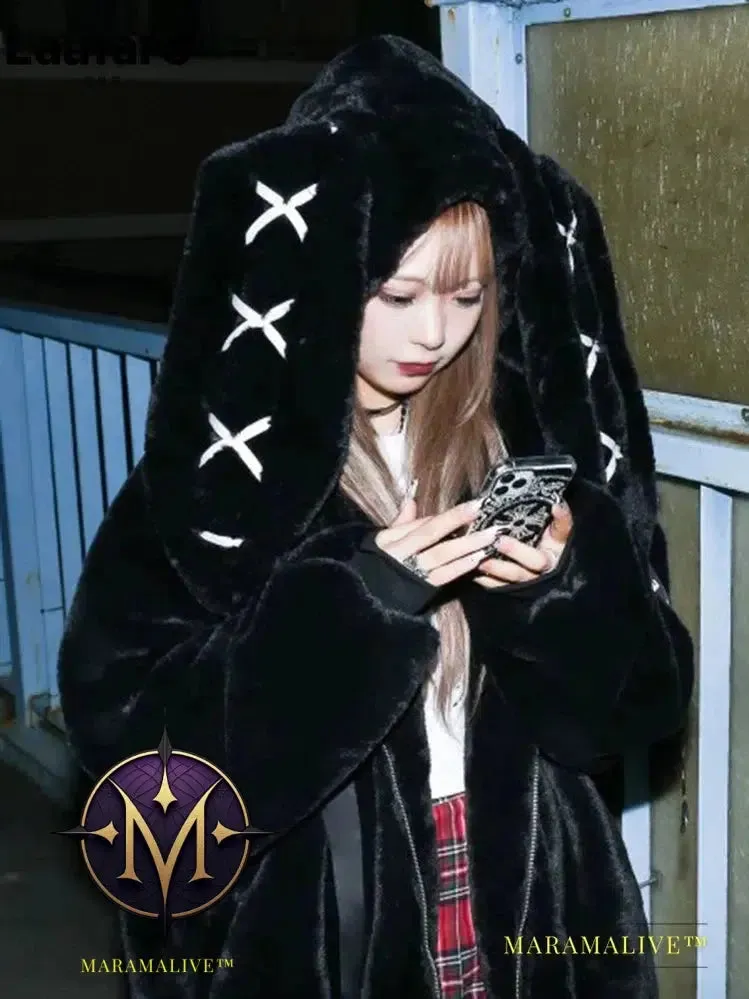 Autumn Oversized Sweet Cute Soft Purple Black Faux Fur Coat Women with Bunny Ears Loose Fluffy Jacket Hoodie 2023
