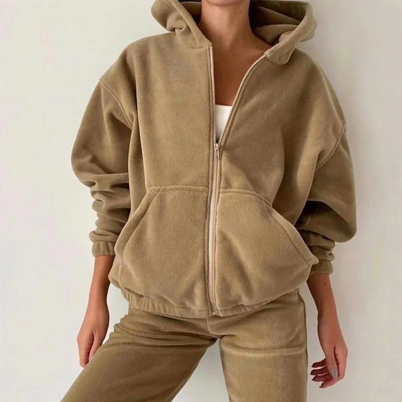 Autumn Winter Women's Brand Velvet Fabric Tracksuits Hoody Track Suit Hoodies And Pants Oversized Sportswear Two Pieces Set