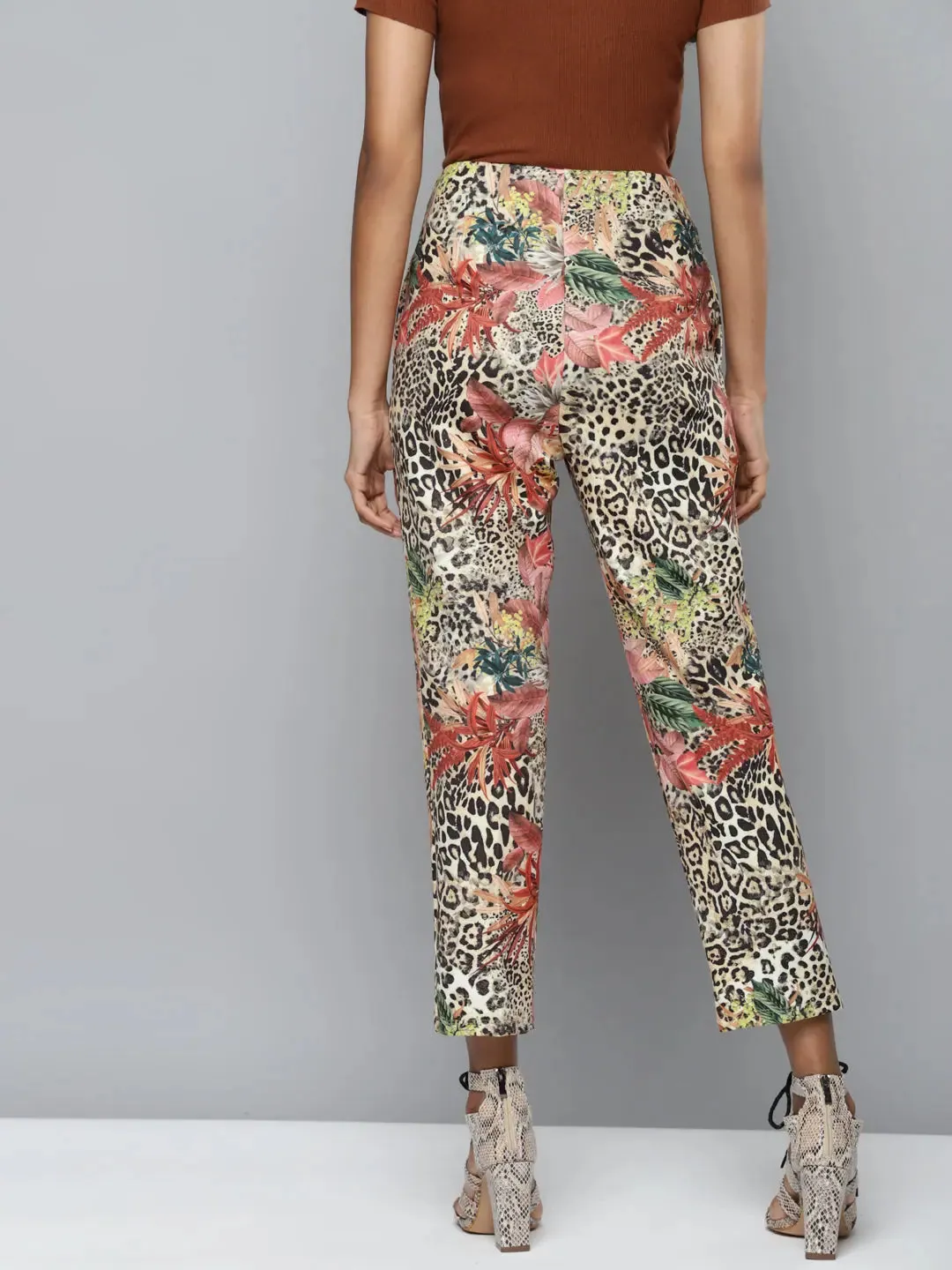Beige Scuba Cheetah Floral Tapered Pants