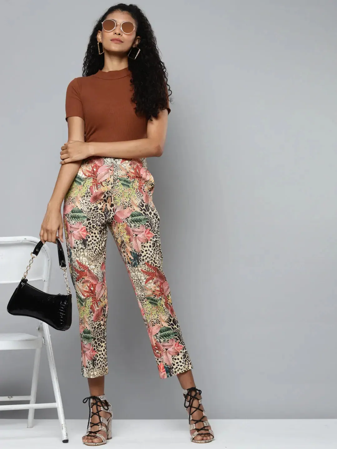 Beige Scuba Cheetah Floral Tapered Pants