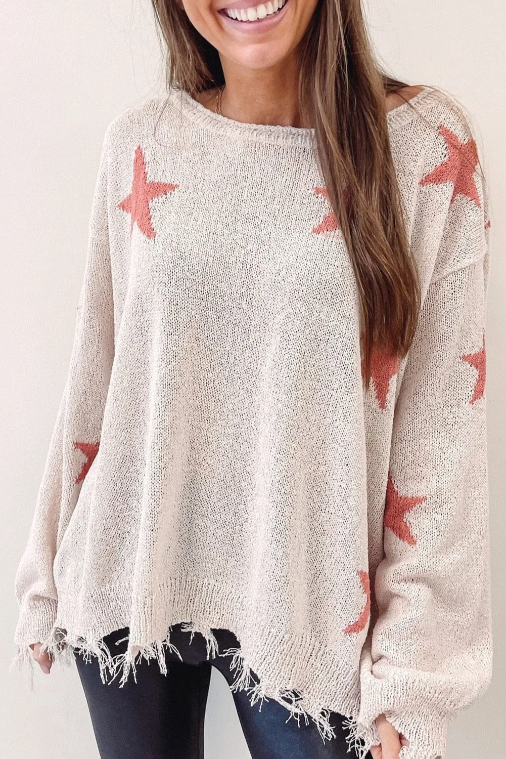 Beige Starry Long Sleeve Raw Hem Sweater