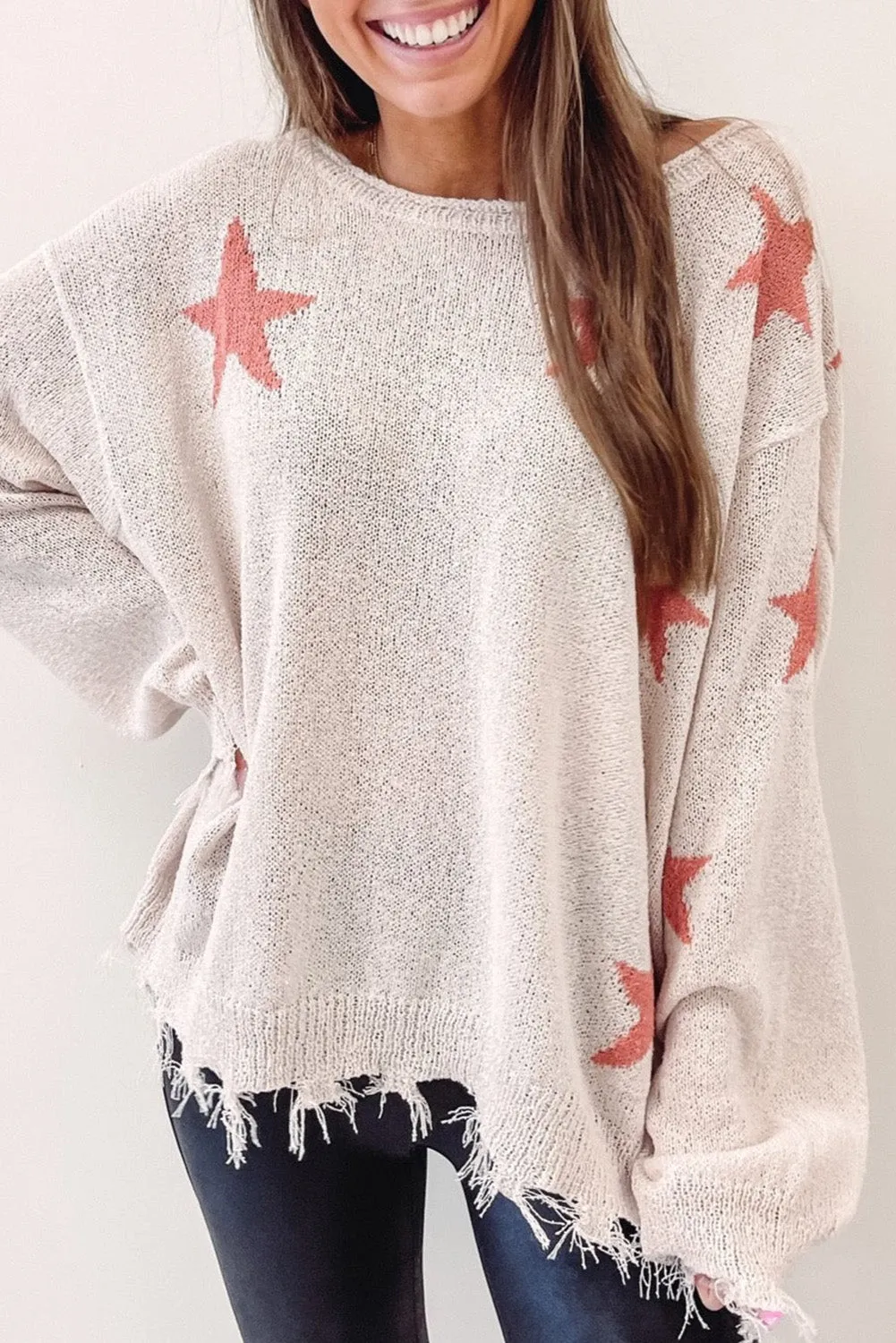 Beige Starry Long Sleeve Raw Hem Sweater