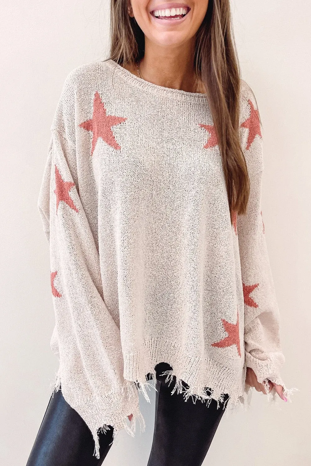 Beige Starry Long Sleeve Raw Hem Sweater