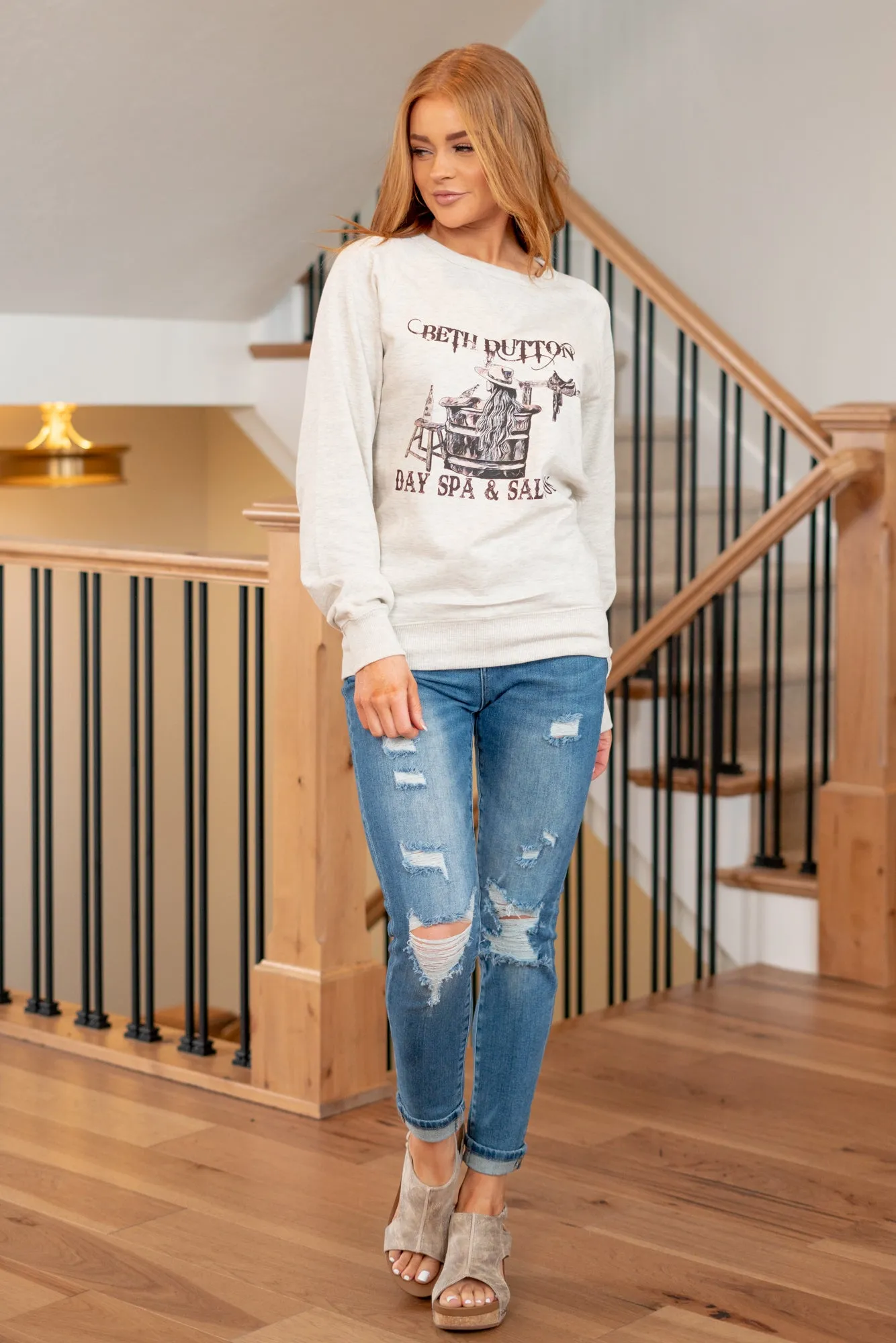 Beth Dutton Day Spa & Saloon Graphic Pull Over Sweater - Oatmeal