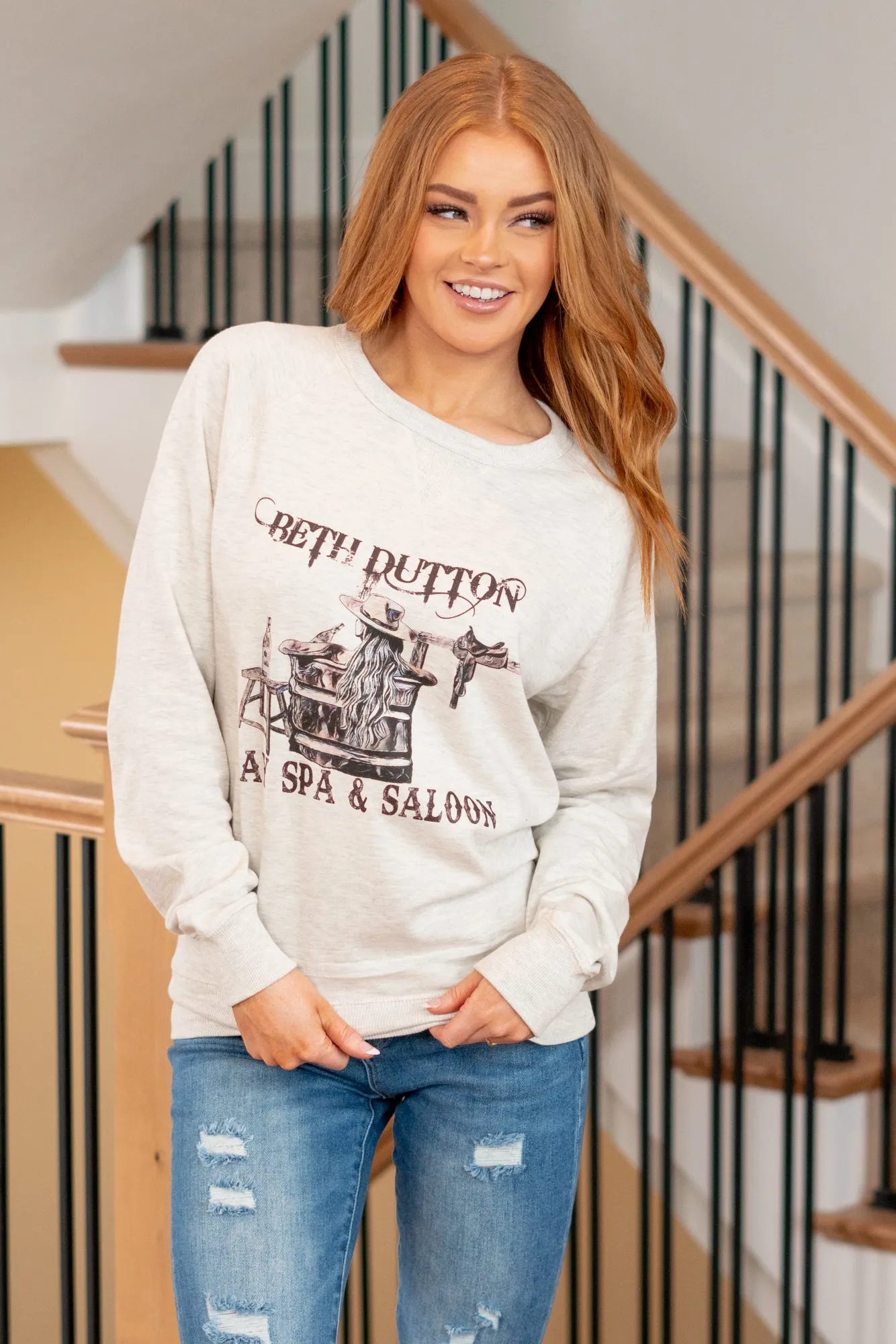 Beth Dutton Day Spa & Saloon Graphic Pull Over Sweater - Oatmeal