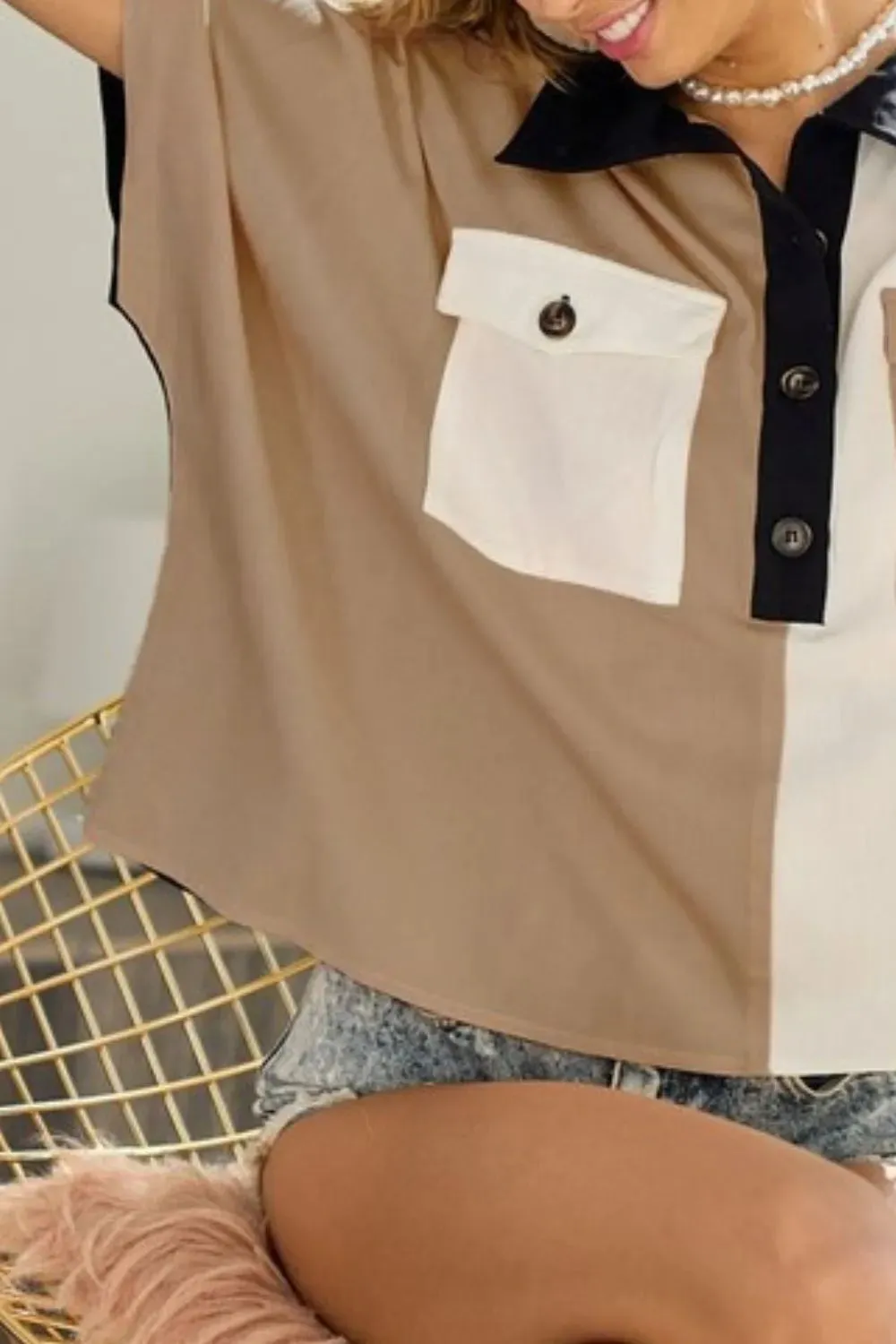 BiBi Color Block Quarter Neck Short Dolan Sleeve Top