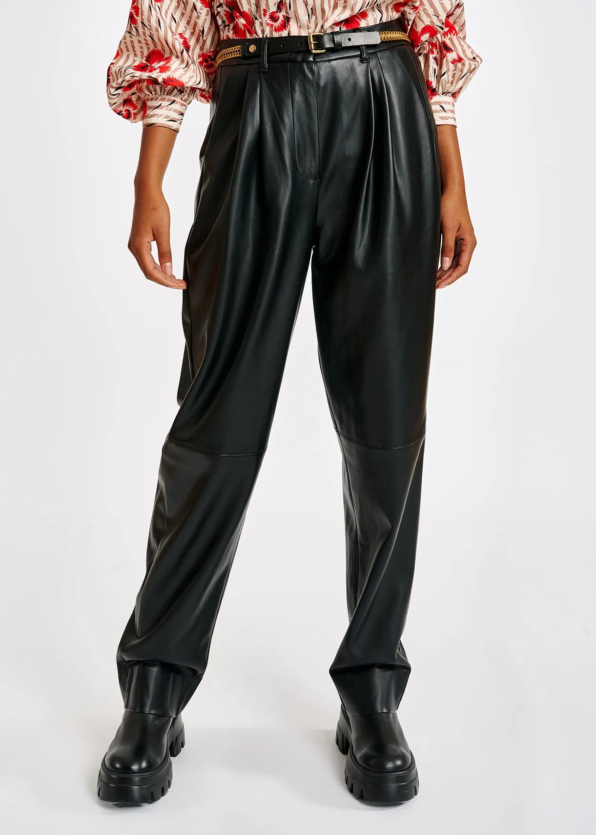 Black faux leather baggy-fit pants