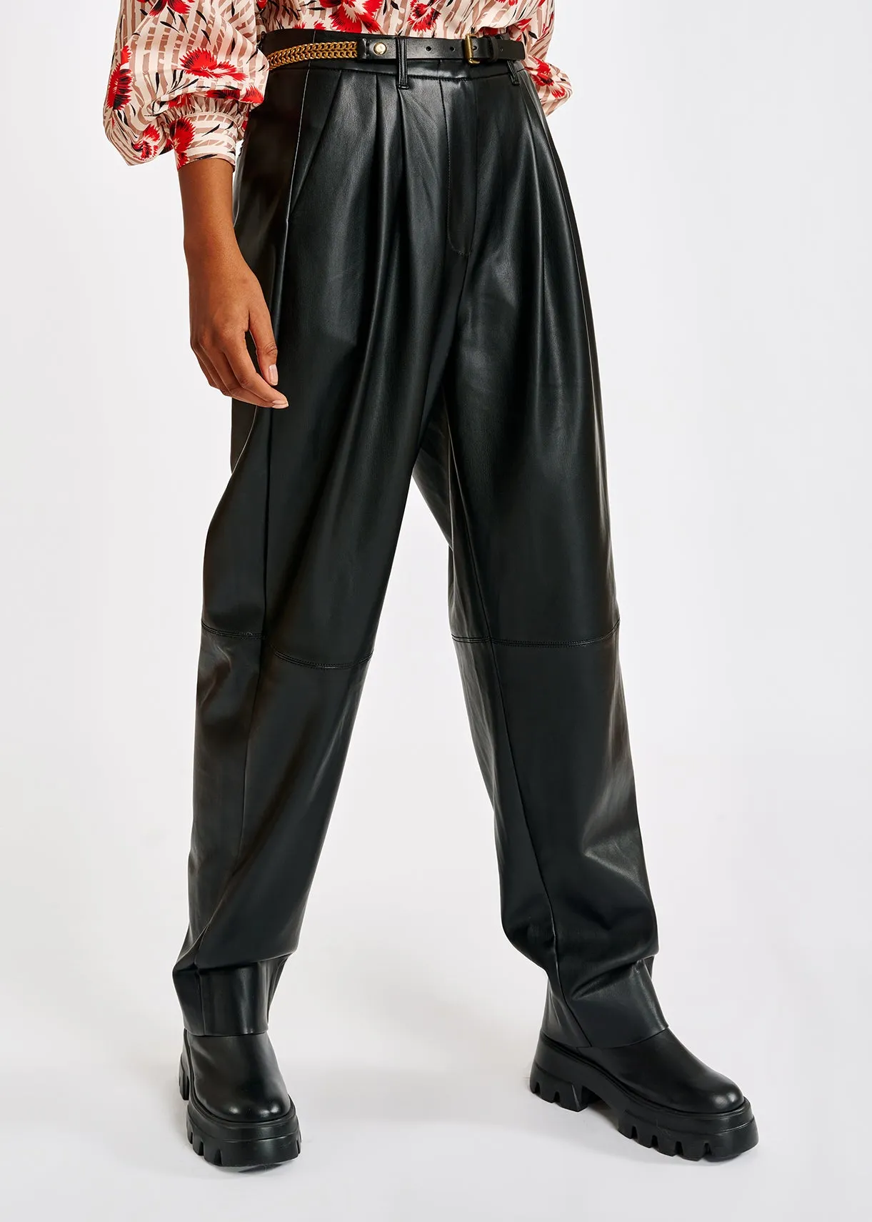 Black faux leather baggy-fit pants