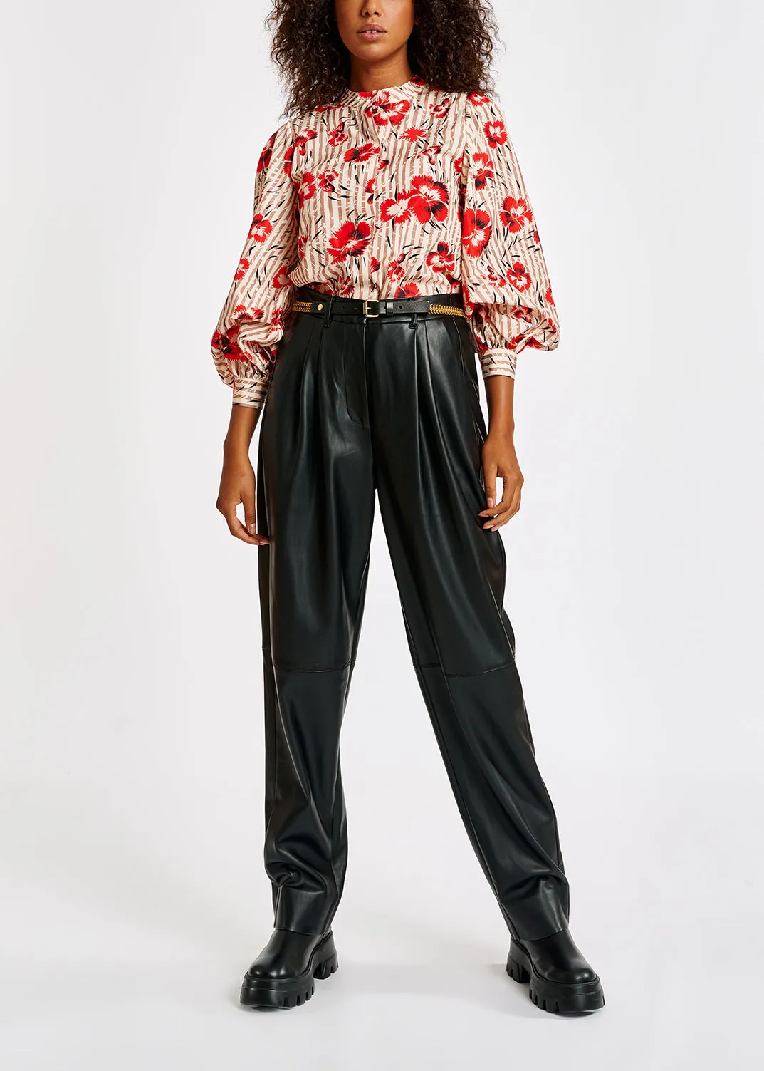 Black faux leather baggy-fit pants