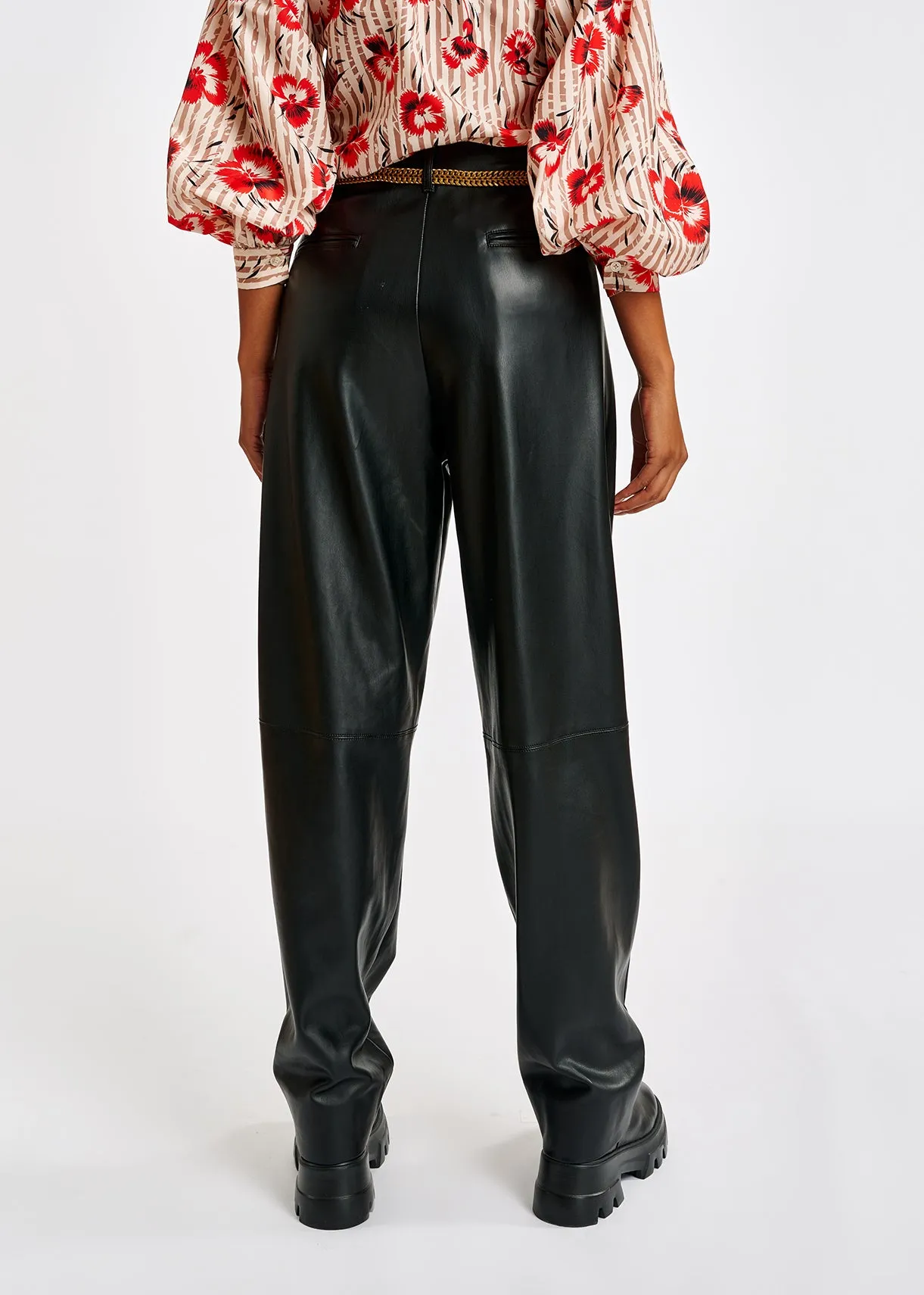 Black faux leather baggy-fit pants