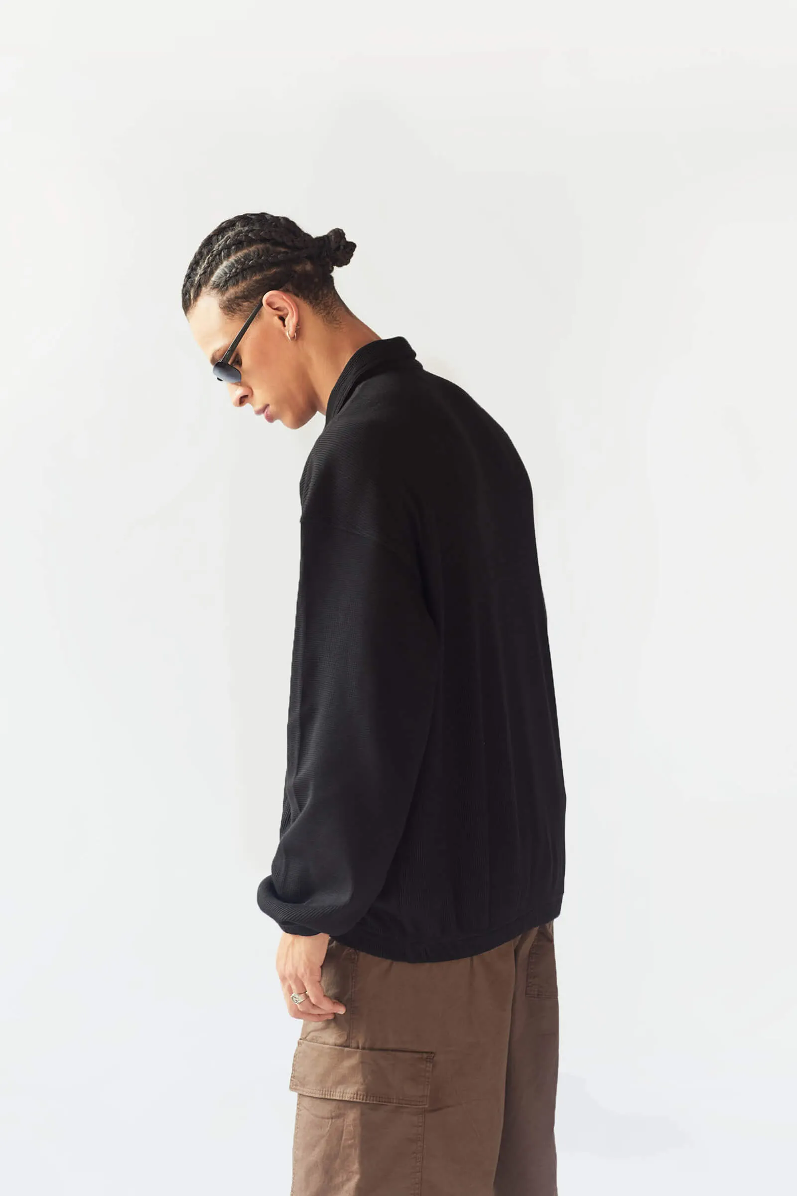 Black Full Sleeves Waffle Zipper