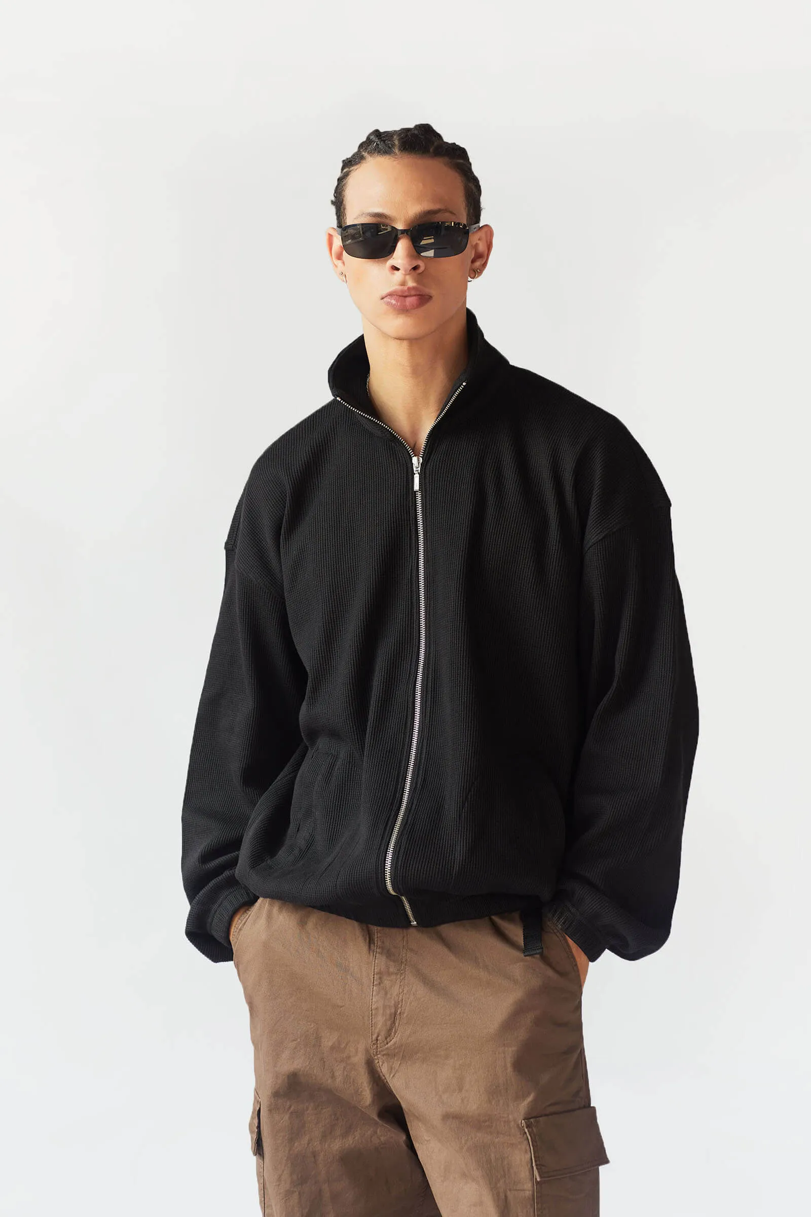 Black Full Sleeves Waffle Zipper