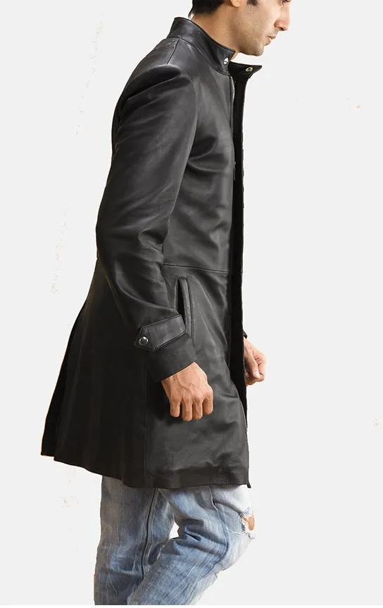 Black Leather Trench Coat for Men - Handmade Long Jacket