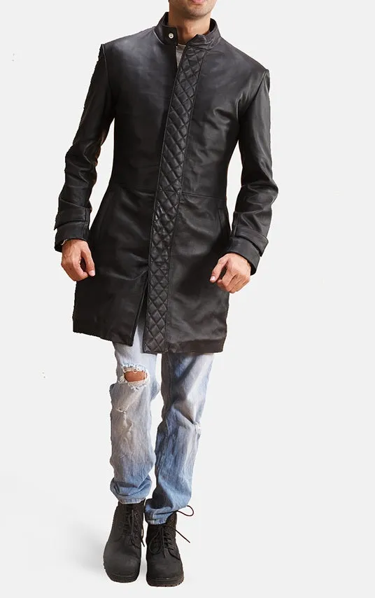 Black Leather Trench Coat for Men - Handmade Long Jacket