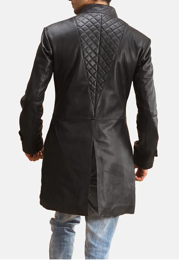 Black Leather Trench Coat for Men - Handmade Long Jacket