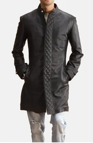 Black Leather Trench Coat for Men - Handmade Long Jacket