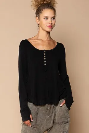 Black Mini Rib Button Long Sleeve