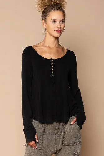 Black Mini Rib Button Long Sleeve