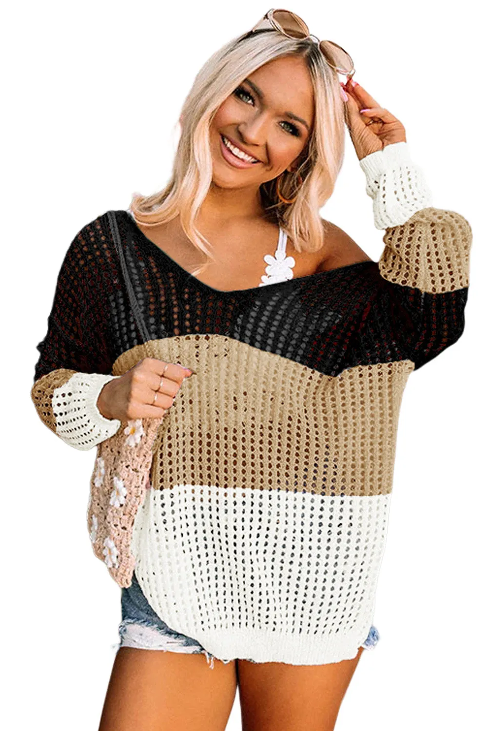 Black Multicolor Color Block Eyelet Long Sleeve Twisted Back Knit Top