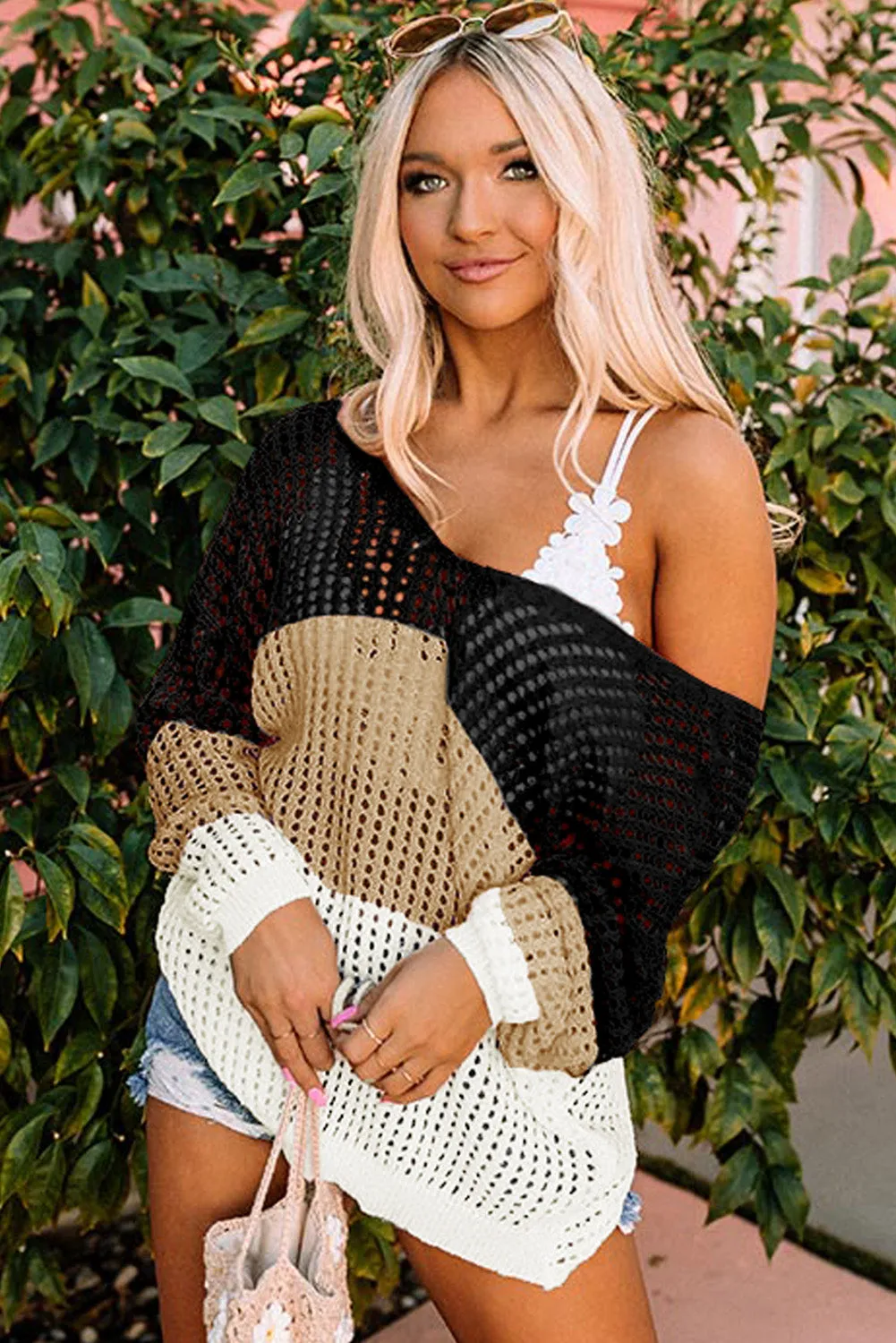 Black Multicolor Color Block Eyelet Long Sleeve Twisted Back Knit Top