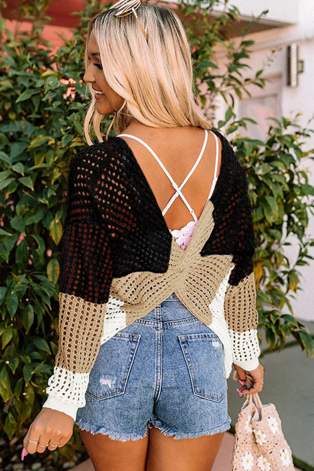 Black Multicolor Color Block Eyelet Long Sleeve Twisted Back Knit Top