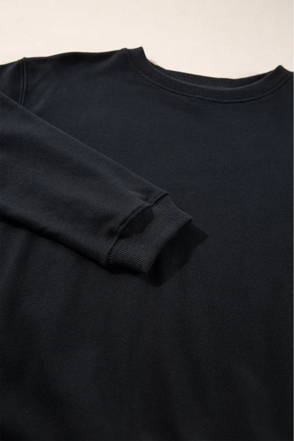 Black Plain Drop Shoulder Crewneck Pullover Sweatshirt