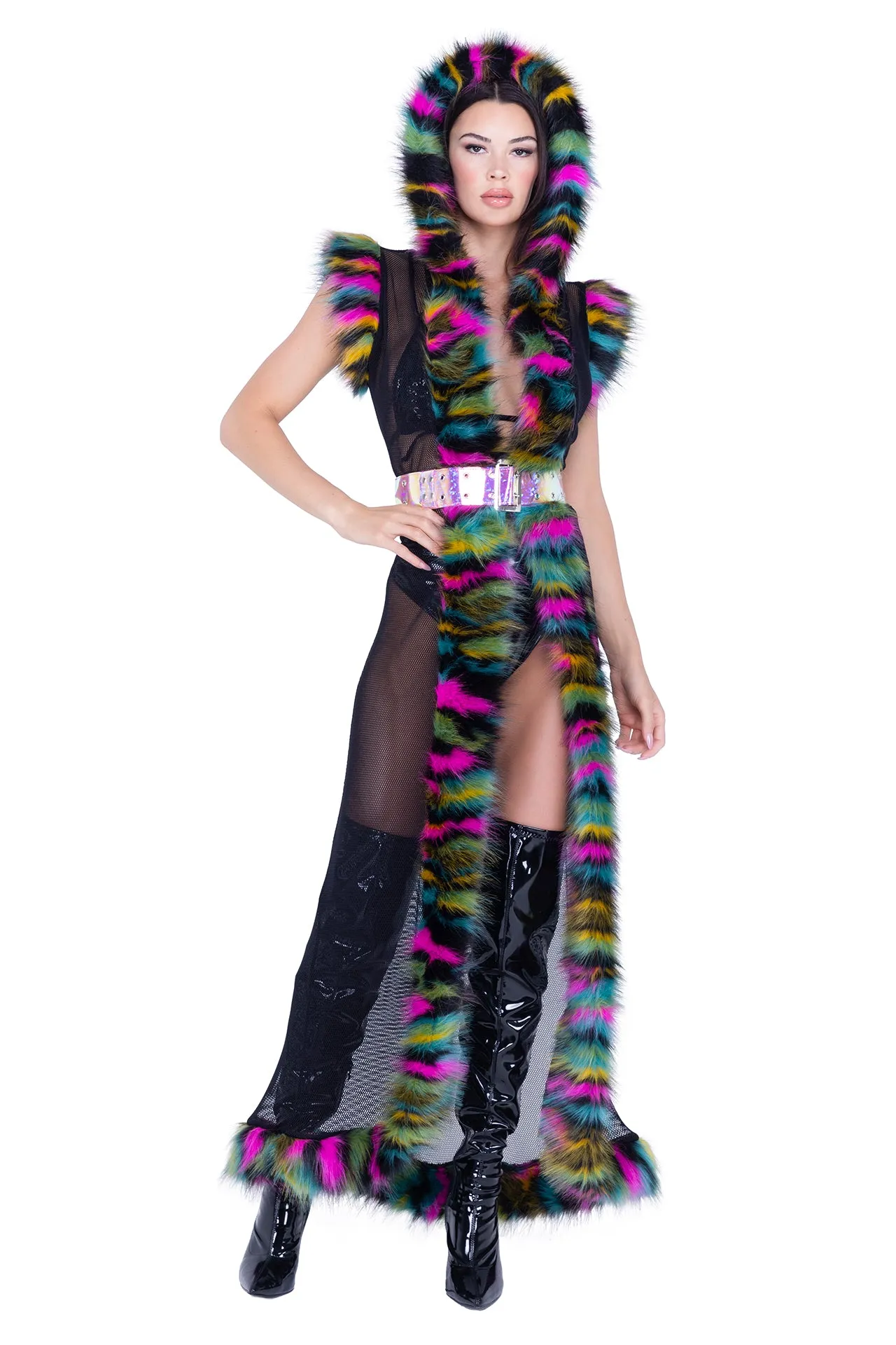 Black Rainbow Fur Trimmed Hooded Duster